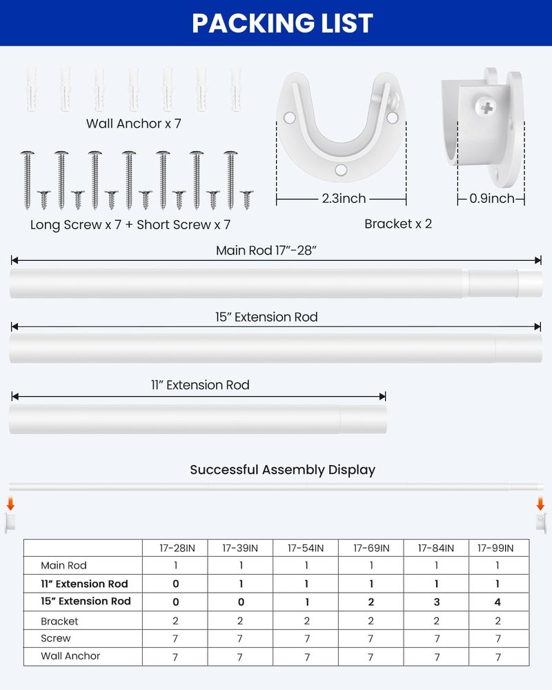 Supforce Closet Rods for Hanging Clothes, 17 to 159 Inches Stepless Adjustable Metal Closet Rod, 1.3 Inches Heavy Duty Clothes Hanging Rod for Closet Wardrobes Laundry RV, White - Image 5